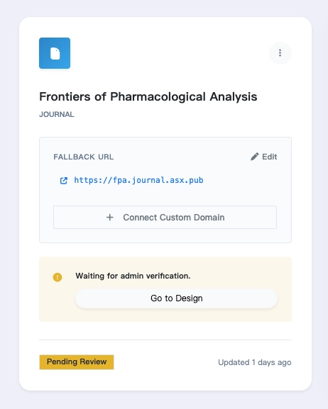 Journal card with Connect Custom Domain button
