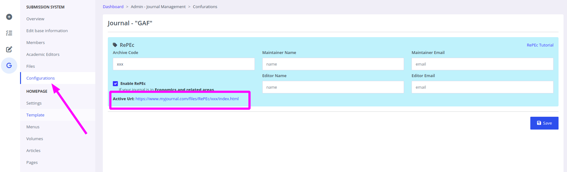 RePEc settings in Academic Stack PaaS version